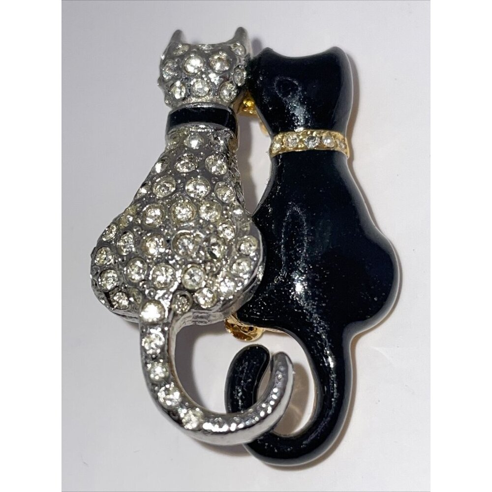 Vintage Twin Cat Brooch Pave Crystal & Black Enamel by Craft Designer Two Tone
